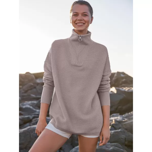 imageANRABESS Womens Sweaters Quarter Zip Oversized Pullover Casual V Neck Collared Ribbed Knit Tunic 2023 Fashion TopsCamel