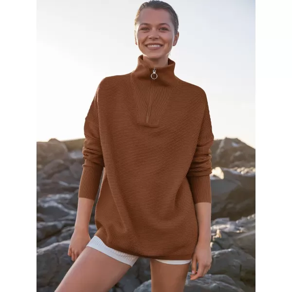imageANRABESS Womens Sweaters Quarter Zip Oversized Pullover Casual V Neck Collared Ribbed Knit Tunic 2023 Fashion TopsCaramel