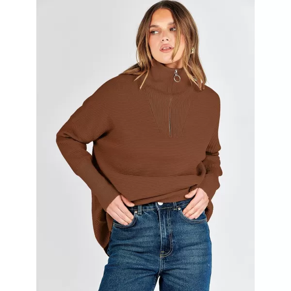 imageANRABESS Womens Sweaters Quarter Zip Oversized Pullover Casual V Neck Collared Ribbed Knit Tunic 2023 Fashion TopsCaramel