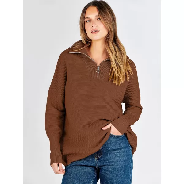 imageANRABESS Womens Sweaters Quarter Zip Oversized Pullover Casual V Neck Collared Ribbed Knit Tunic 2023 Fashion TopsCaramel