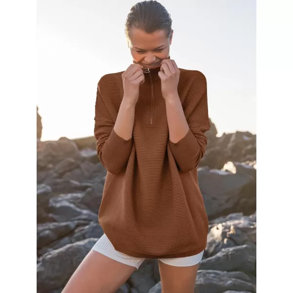 imageANRABESS Womens Sweaters Quarter Zip Oversized Pullover Casual V Neck Collared Ribbed Knit Tunic 2023 Fashion TopsCaramel