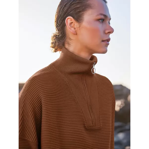 imageANRABESS Womens Sweaters Quarter Zip Oversized Pullover Casual V Neck Collared Ribbed Knit Tunic 2023 Fashion TopsCaramel