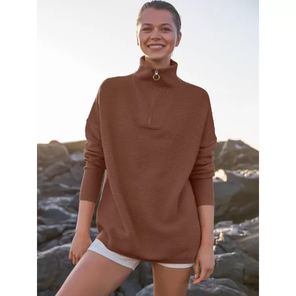 imageANRABESS Womens Sweaters Quarter Zip Oversized Pullover Casual V Neck Collared Ribbed Knit Tunic 2023 Fashion TopsCoffee