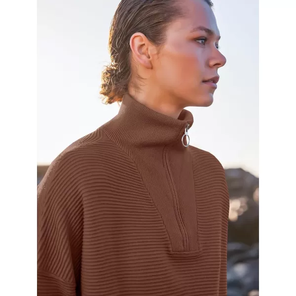 imageANRABESS Womens Sweaters Quarter Zip Oversized Pullover Casual V Neck Collared Ribbed Knit Tunic 2023 Fashion TopsCoffee