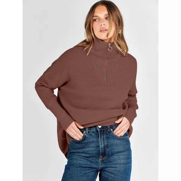 imageANRABESS Womens Sweaters Quarter Zip Oversized Pullover Casual V Neck Collared Ribbed Knit Tunic 2023 Fashion TopsCoffee