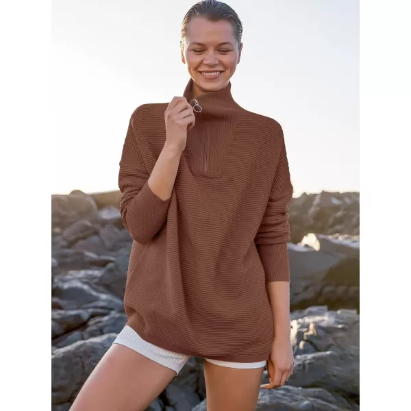 imageANRABESS Womens Sweaters Quarter Zip Oversized Pullover Casual V Neck Collared Ribbed Knit Tunic 2023 Fashion TopsCoffee
