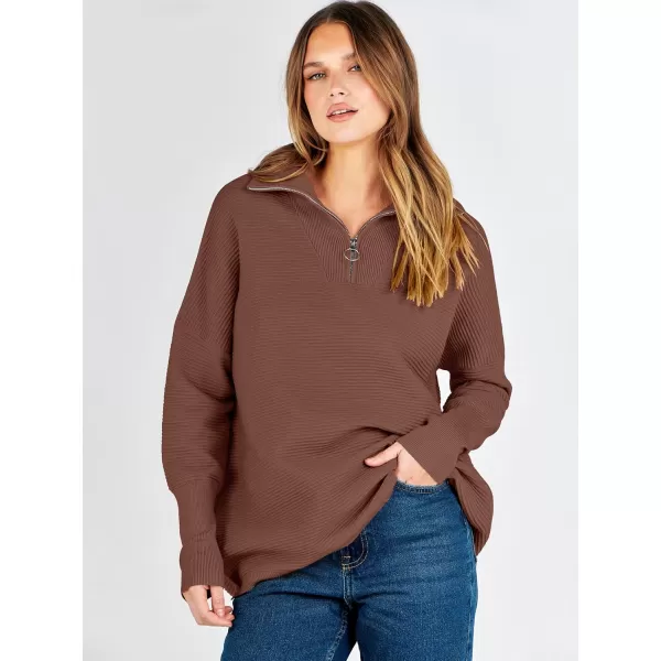 imageANRABESS Womens Sweaters Quarter Zip Oversized Pullover Casual V Neck Collared Ribbed Knit Tunic 2023 Fashion TopsCoffee