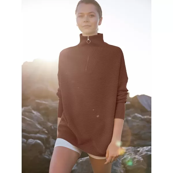 imageANRABESS Womens Sweaters Quarter Zip Oversized Pullover Casual V Neck Collared Ribbed Knit Tunic 2023 Fashion TopsCoffee
