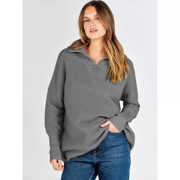 imageANRABESS Womens Sweaters Quarter Zip Oversized Pullover Casual V Neck Collared Ribbed Knit Tunic 2023 Fashion TopsDark Gray