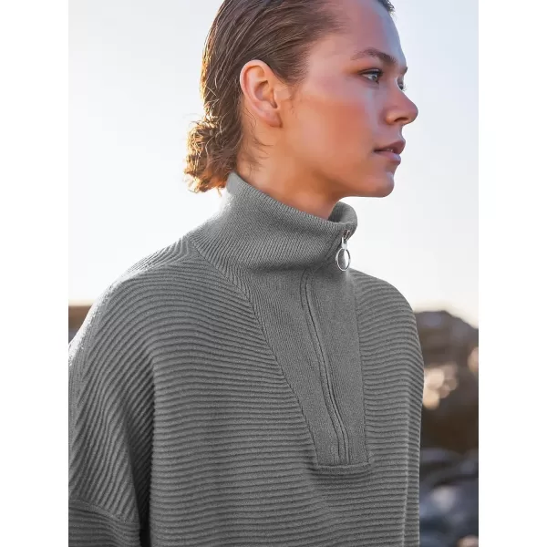imageANRABESS Womens Sweaters Quarter Zip Oversized Pullover Casual V Neck Collared Ribbed Knit Tunic 2023 Fashion TopsDark Gray