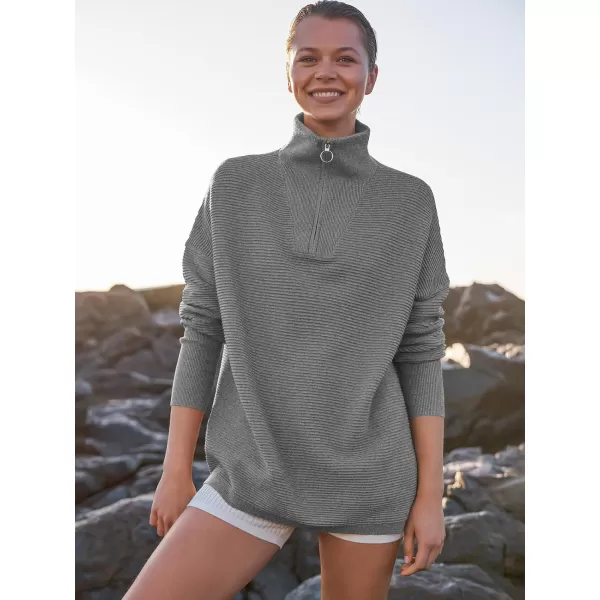 imageANRABESS Womens Sweaters Quarter Zip Oversized Pullover Casual V Neck Collared Ribbed Knit Tunic 2023 Fashion TopsDark Gray