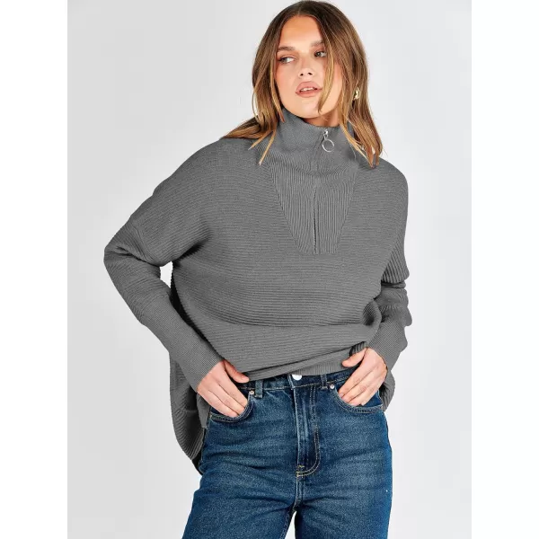 imageANRABESS Womens Sweaters Quarter Zip Oversized Pullover Casual V Neck Collared Ribbed Knit Tunic 2023 Fashion TopsDark Gray