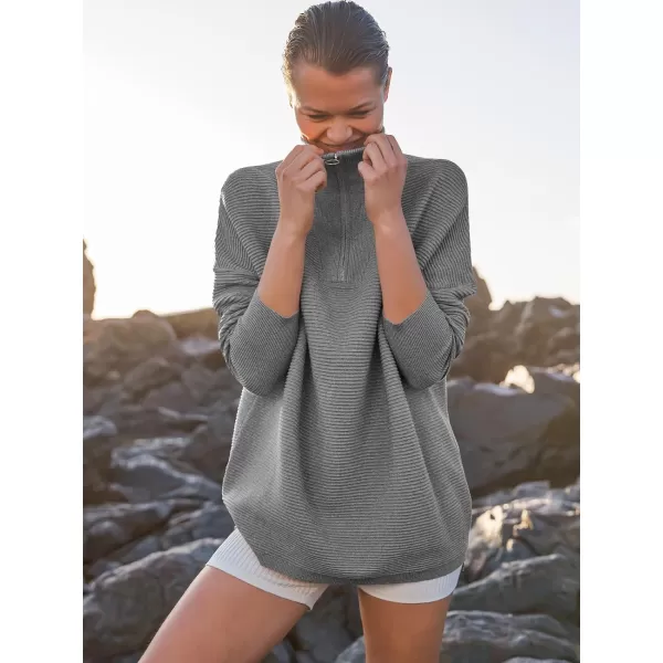 imageANRABESS Womens Sweaters Quarter Zip Oversized Pullover Casual V Neck Collared Ribbed Knit Tunic 2023 Fashion TopsDark Gray