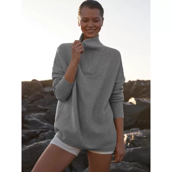 imageANRABESS Womens Sweaters Quarter Zip Oversized Pullover Casual V Neck Collared Ribbed Knit Tunic 2023 Fashion TopsDark Gray