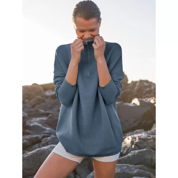 imageANRABESS Womens Sweaters Quarter Zip Oversized Pullover Casual V Neck Collared Ribbed Knit Tunic 2023 Fashion TopsDusty Blue