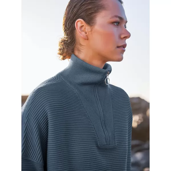 imageANRABESS Womens Sweaters Quarter Zip Oversized Pullover Casual V Neck Collared Ribbed Knit Tunic 2023 Fashion TopsDusty Blue