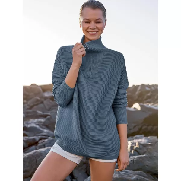 imageANRABESS Womens Sweaters Quarter Zip Oversized Pullover Casual V Neck Collared Ribbed Knit Tunic 2023 Fashion TopsDusty Blue