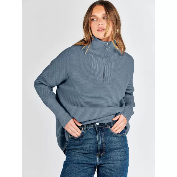 imageANRABESS Womens Sweaters Quarter Zip Oversized Pullover Casual V Neck Collared Ribbed Knit Tunic 2023 Fashion TopsDusty Blue