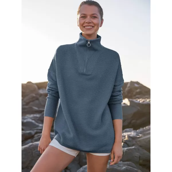 imageANRABESS Womens Sweaters Quarter Zip Oversized Pullover Casual V Neck Collared Ribbed Knit Tunic 2023 Fashion TopsDusty Blue