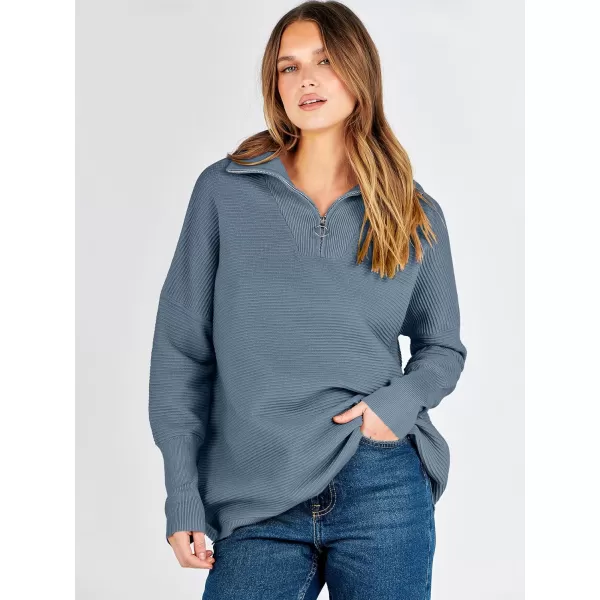 imageANRABESS Womens Sweaters Quarter Zip Oversized Pullover Casual V Neck Collared Ribbed Knit Tunic 2023 Fashion TopsDusty Blue
