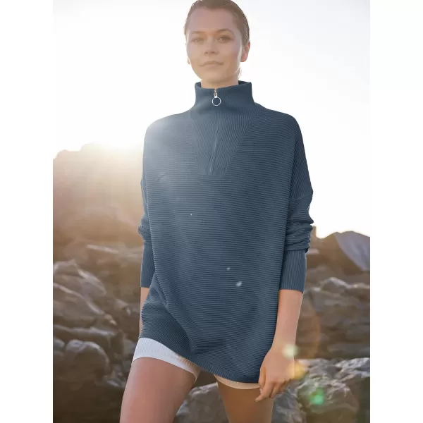 imageANRABESS Womens Sweaters Quarter Zip Oversized Pullover Casual V Neck Collared Ribbed Knit Tunic 2023 Fashion TopsDusty Blue