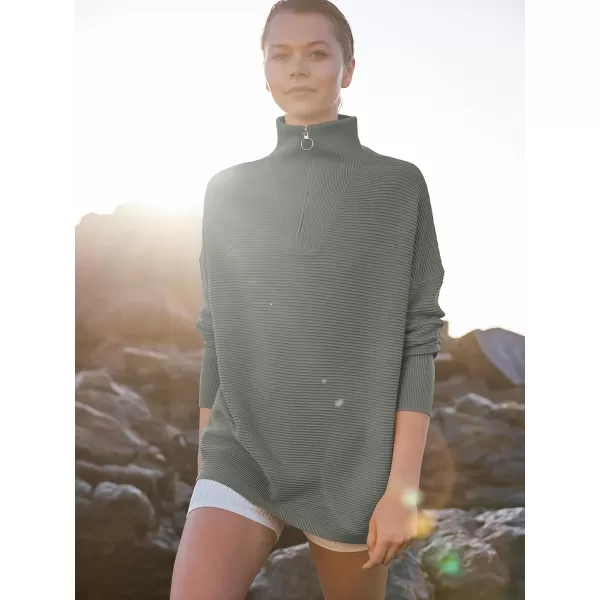 imageANRABESS Womens Sweaters Quarter Zip Oversized Pullover Casual V Neck Collared Ribbed Knit Tunic 2023 Fashion TopsGrass