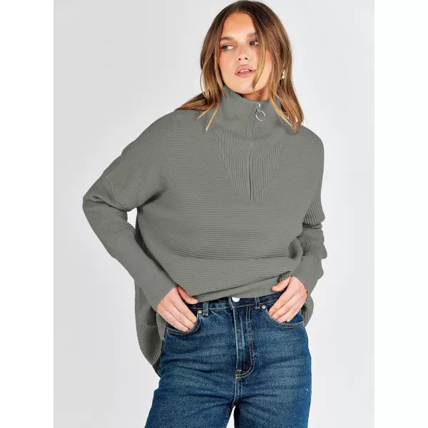 imageANRABESS Womens Sweaters Quarter Zip Oversized Pullover Casual V Neck Collared Ribbed Knit Tunic 2023 Fashion TopsGrass