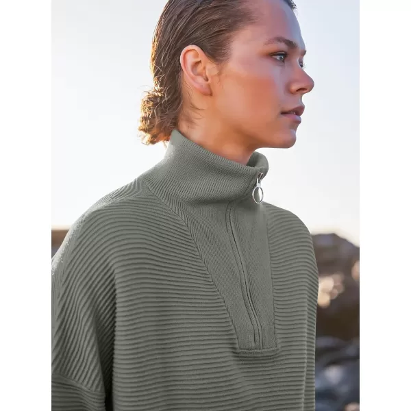 imageANRABESS Womens Sweaters Quarter Zip Oversized Pullover Casual V Neck Collared Ribbed Knit Tunic 2023 Fashion TopsGrass