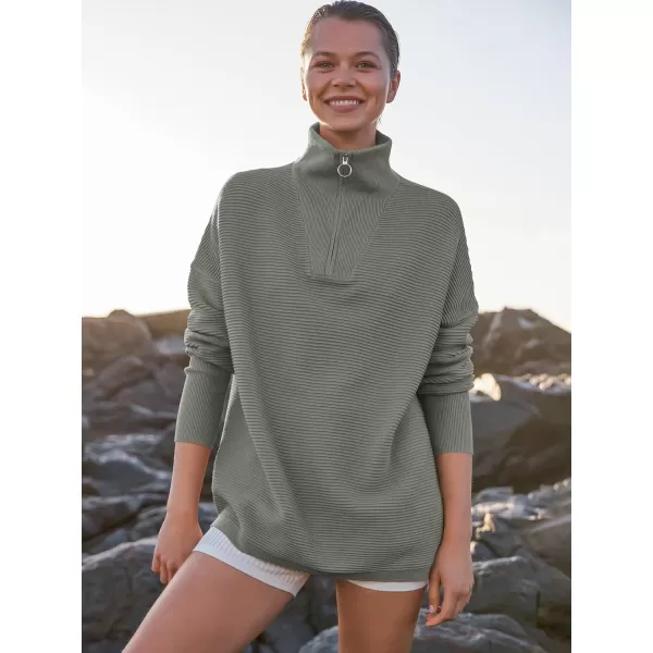 imageANRABESS Womens Sweaters Quarter Zip Oversized Pullover Casual V Neck Collared Ribbed Knit Tunic 2023 Fashion TopsGrass