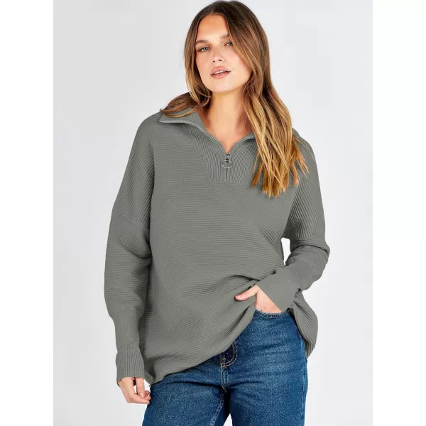 imageANRABESS Womens Sweaters Quarter Zip Oversized Pullover Casual V Neck Collared Ribbed Knit Tunic 2023 Fashion TopsGrass