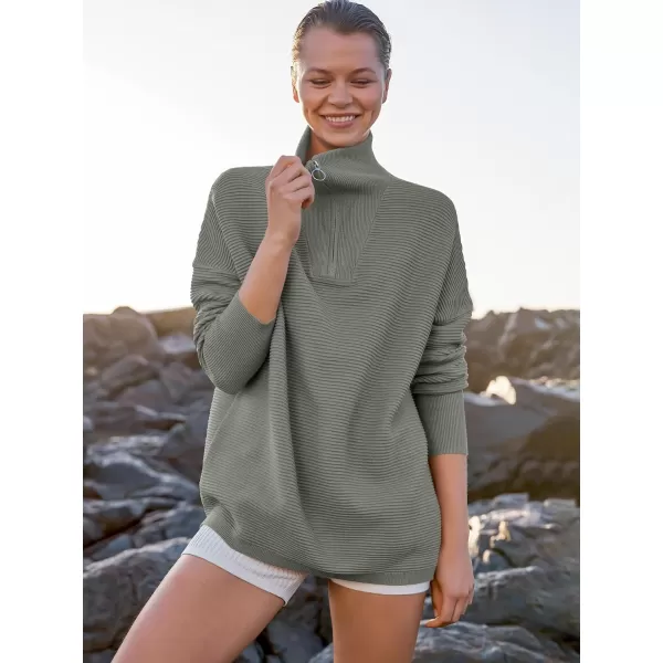 imageANRABESS Womens Sweaters Quarter Zip Oversized Pullover Casual V Neck Collared Ribbed Knit Tunic 2023 Fashion TopsGrass