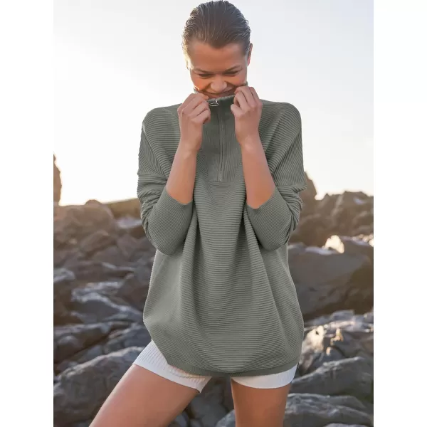 imageANRABESS Womens Sweaters Quarter Zip Oversized Pullover Casual V Neck Collared Ribbed Knit Tunic 2023 Fashion TopsGrass