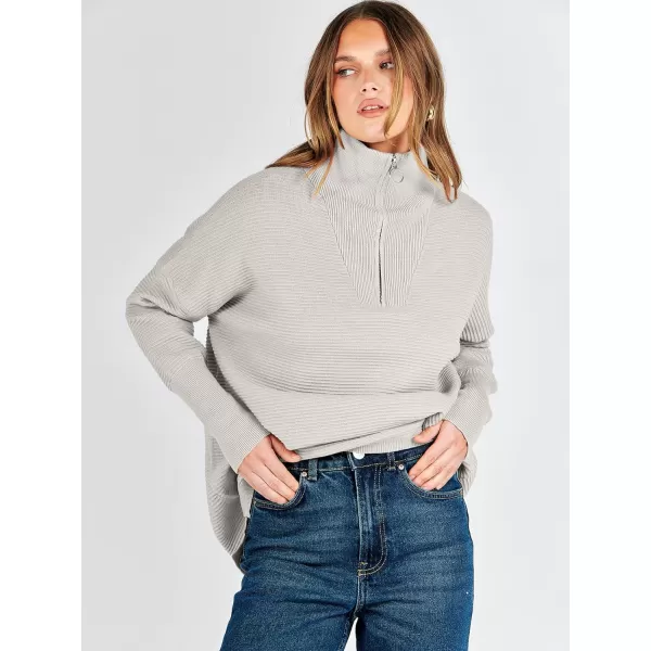 imageANRABESS Womens Sweaters Quarter Zip Oversized Pullover Casual V Neck Collared Ribbed Knit Tunic 2023 Fashion TopsGray