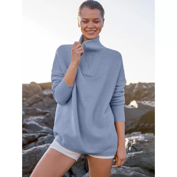 imageANRABESS Womens Sweaters Quarter Zip Oversized Pullover Casual V Neck Collared Ribbed Knit Tunic 2023 Fashion TopsGray Blue