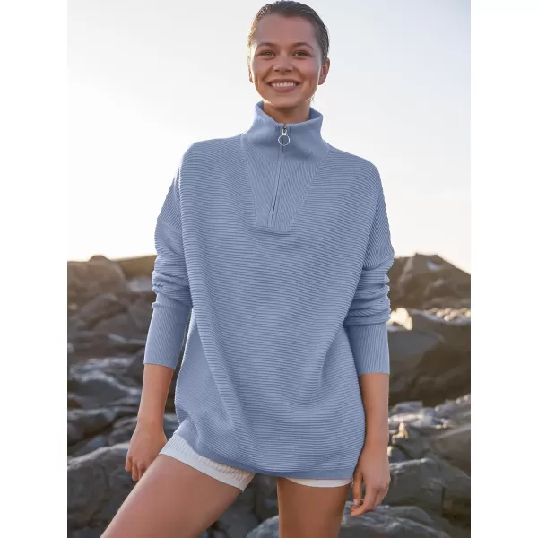 imageANRABESS Womens Sweaters Quarter Zip Oversized Pullover Casual V Neck Collared Ribbed Knit Tunic 2023 Fashion TopsGray Blue