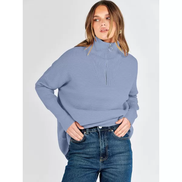 imageANRABESS Womens Sweaters Quarter Zip Oversized Pullover Casual V Neck Collared Ribbed Knit Tunic 2023 Fashion TopsGray Blue