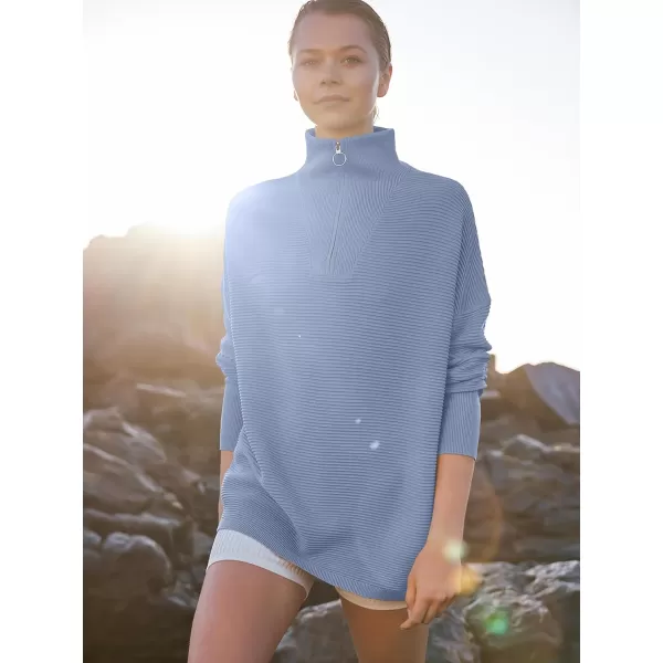 imageANRABESS Womens Sweaters Quarter Zip Oversized Pullover Casual V Neck Collared Ribbed Knit Tunic 2023 Fashion TopsGray Blue