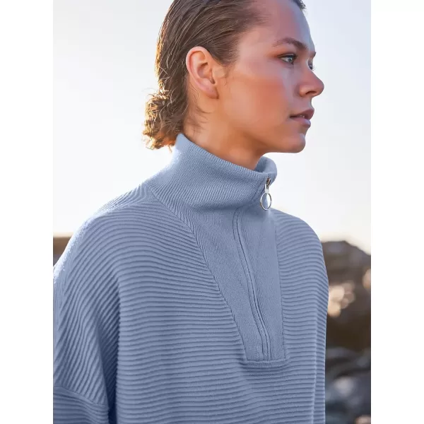 imageANRABESS Womens Sweaters Quarter Zip Oversized Pullover Casual V Neck Collared Ribbed Knit Tunic 2023 Fashion TopsGray Blue