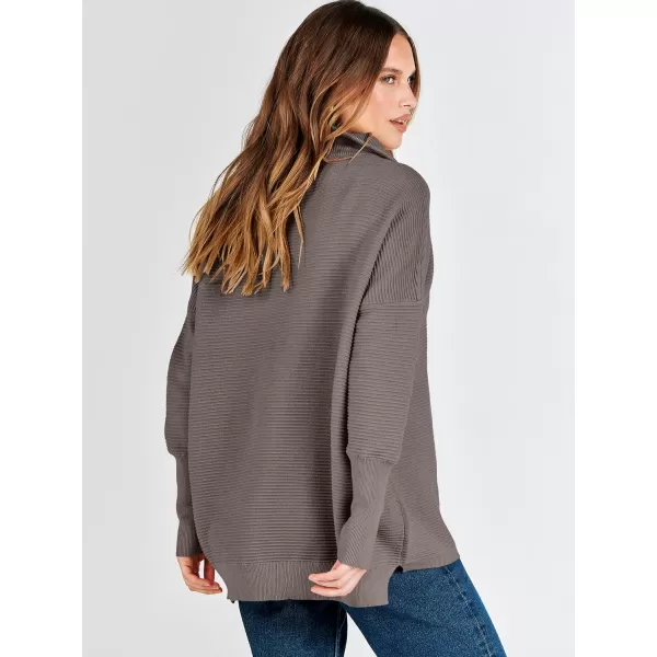 imageANRABESS Womens Sweaters Quarter Zip Oversized Pullover Casual V Neck Collared Ribbed Knit Tunic 2023 Fashion TopsGray Coffee