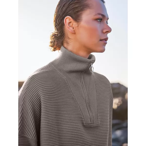 imageANRABESS Womens Sweaters Quarter Zip Oversized Pullover Casual V Neck Collared Ribbed Knit Tunic 2023 Fashion TopsGray Coffee