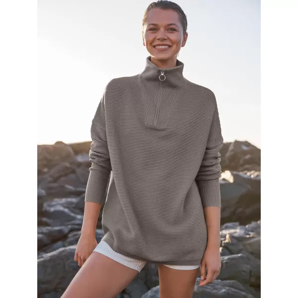 imageANRABESS Womens Sweaters Quarter Zip Oversized Pullover Casual V Neck Collared Ribbed Knit Tunic 2023 Fashion TopsGray Coffee