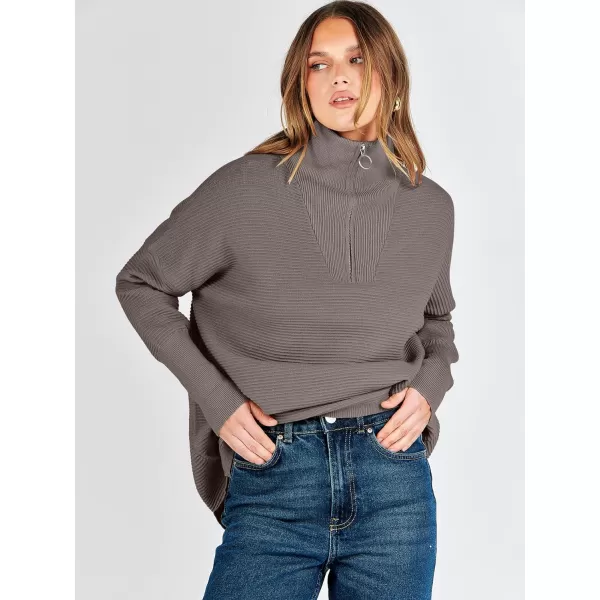 imageANRABESS Womens Sweaters Quarter Zip Oversized Pullover Casual V Neck Collared Ribbed Knit Tunic 2023 Fashion TopsGray Coffee
