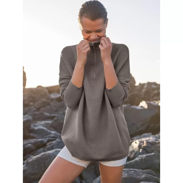 imageANRABESS Womens Sweaters Quarter Zip Oversized Pullover Casual V Neck Collared Ribbed Knit Tunic 2023 Fashion TopsGray Coffee