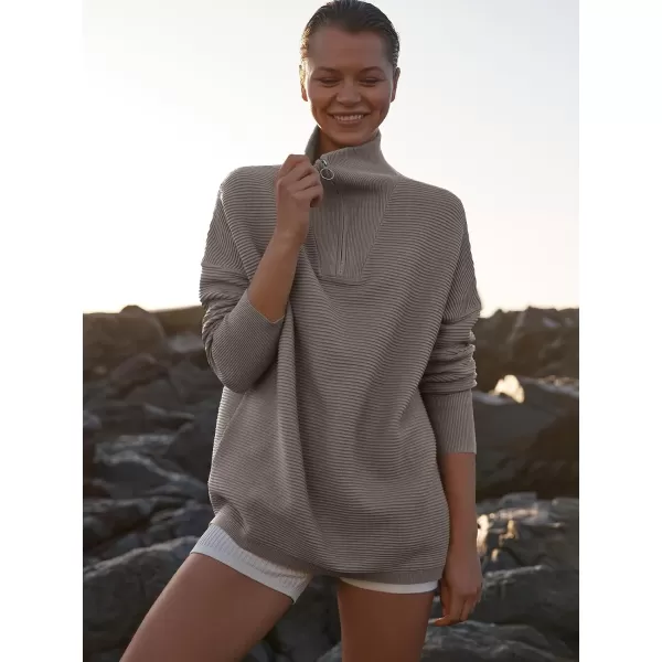 imageANRABESS Womens Sweaters Quarter Zip Oversized Pullover Casual V Neck Collared Ribbed Knit Tunic 2023 Fashion TopsGray Coffee