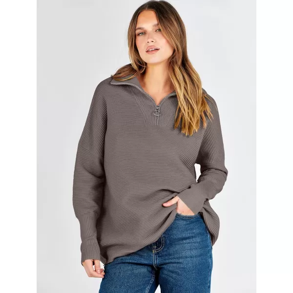 imageANRABESS Womens Sweaters Quarter Zip Oversized Pullover Casual V Neck Collared Ribbed Knit Tunic 2023 Fashion TopsGray Coffee