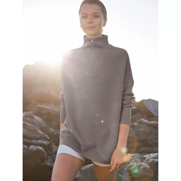imageANRABESS Womens Sweaters Quarter Zip Oversized Pullover Casual V Neck Collared Ribbed Knit Tunic 2023 Fashion TopsGray Coffee