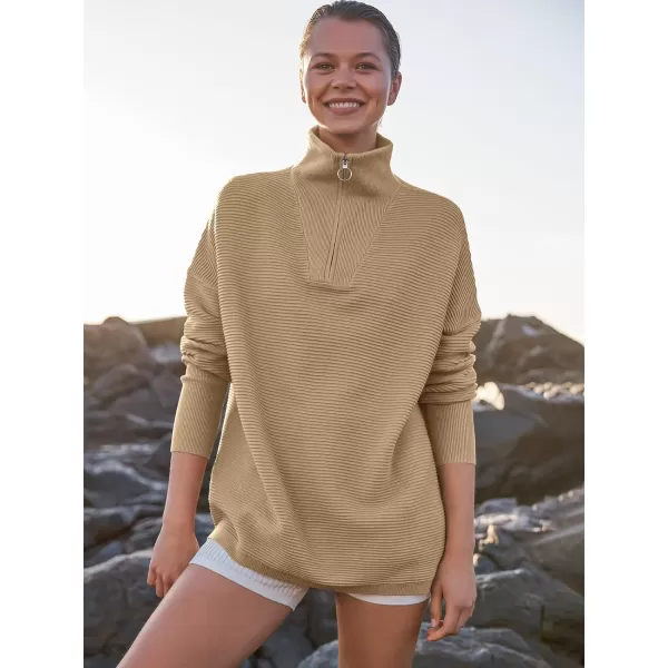 imageANRABESS Womens Sweaters Quarter Zip Oversized Pullover Casual V Neck Collared Ribbed Knit Tunic 2023 Fashion TopsKhaki