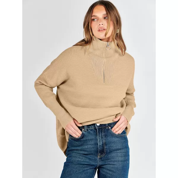 imageANRABESS Womens Sweaters Quarter Zip Oversized Pullover Casual V Neck Collared Ribbed Knit Tunic 2023 Fashion TopsKhaki