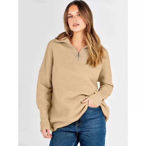 imageANRABESS Womens Sweaters Quarter Zip Oversized Pullover Casual V Neck Collared Ribbed Knit Tunic 2023 Fashion TopsKhaki