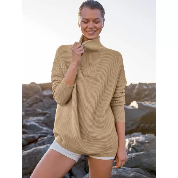 imageANRABESS Womens Sweaters Quarter Zip Oversized Pullover Casual V Neck Collared Ribbed Knit Tunic 2023 Fashion TopsKhaki
